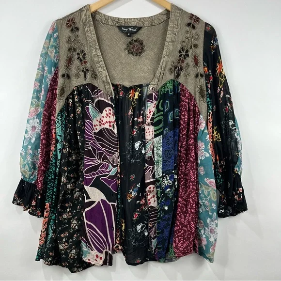 Boho Patchwork Button Down Blouse M | Embroidered Flowy Layering Top - Picture 4 of 11